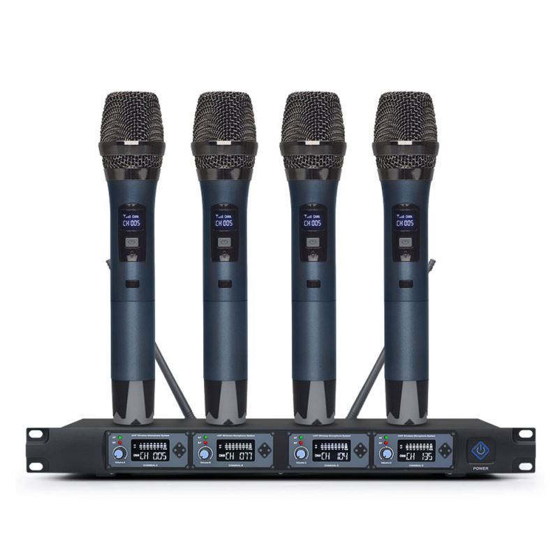 Micrô không dây 4 kênh UHF với micrô cầm tay để hát karaoke